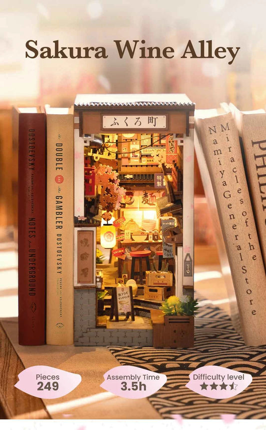 Robotime Rolife Sakura Wine Alley Japanese Style Design Book Nooks Kit for Family Home Bookshelf Decoration 3D DIY Wooden Puzzle