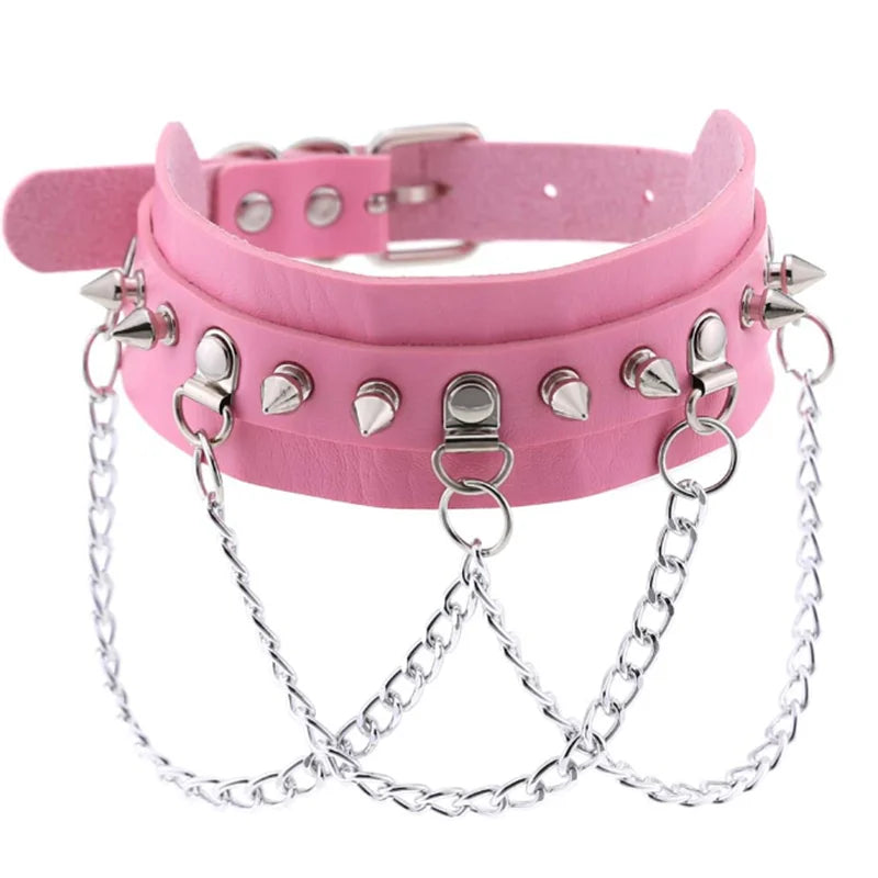 1Pc Harajuku Gothic Spike Rivet Star Necklaces Collares Hip Hop Rock Black Bowknot PU Lace Leather Sexy Y2K Girl Choker Jewelry SS69 9.69 W4604-Pink