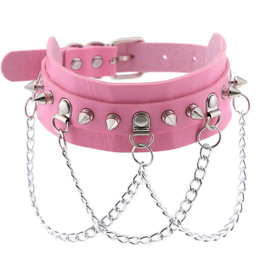1Pc Harajuku Gothic Spike Rivet Star Necklaces Collares Hip Hop Rock Black Bowknot PU Lace Leather Sexy Y2K Girl Choker Jewelry SS69 9.69 W4604-Pink