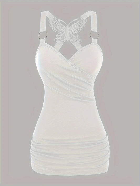 New European and American women's pleated suspenders butterfly lace cross vest in spring and summer of 2024 SS69 22.69 white / S