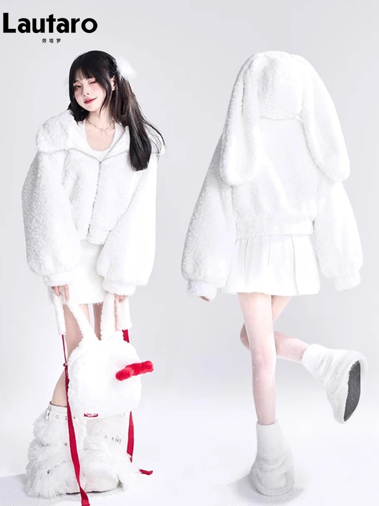 Lautaro Autumn Winter Sweet Cute Lovely Warm Soft White Short Faux Fur Coat Women  with Bunny Ears Fluffy Jacket Hoodie 2023 SS69