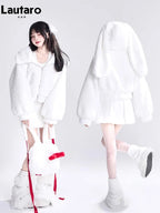 Lautaro Autumn Winter Sweet Cute Lovely Warm Soft White Short Faux Fur Coat Women  with Bunny Ears Fluffy Jacket Hoodie 2023 SS69
