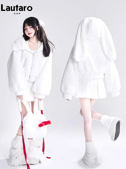 Lautaro Autumn Winter Sweet Cute Lovely Warm Soft White Short Faux Fur Coat Women  with Bunny Ears Fluffy Jacket Hoodie 2023 SS69