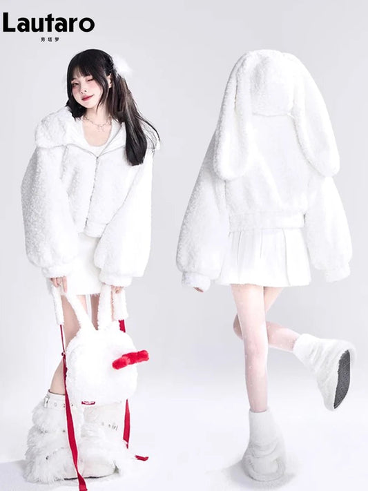 Lautaro Autumn Winter Sweet Cute Lovely Warm Soft White Short Faux Fur Coat Women  with Bunny Ears Fluffy Jacket Hoodie 2023 SS69