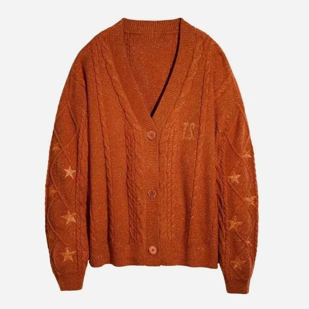 Glittery TS Cardigan Women Orange Chunky Knit Sweater with Star Embroidery Gold Thread Showgirl Cardigan Fans-make Tay Cardi