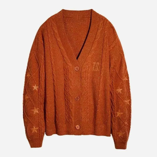 Glittery TS Cardigan Women Orange Chunky Knit Sweater with Star Embroidery Gold Thread Showgirl Cardigan Fans-make Tay Cardi
