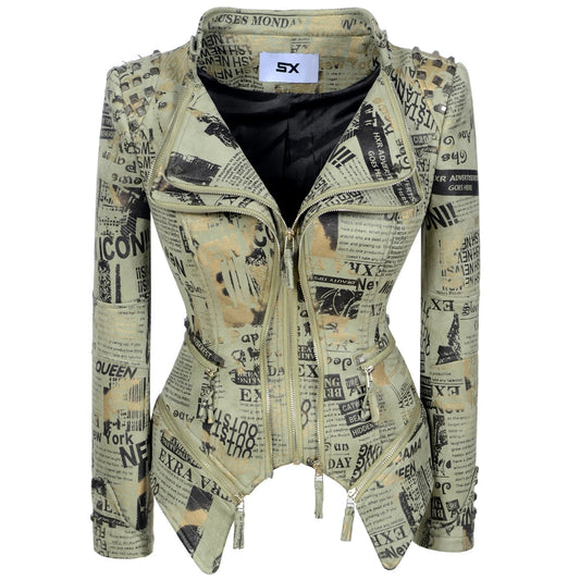 SX women 2019 spring autumn denim rivet punk Short Slim fit jacket motorcycle Windbreaker zipper outerwear SS69 87.69 Green suede / XXL / CHINA