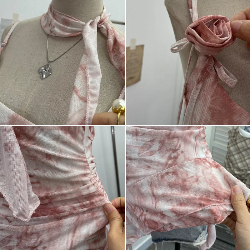 Women's Vintage Tie-dye Printed Mesh Spaghetti Strap Camisole Hot Girl Irregular Ruffled Ribbon Sleeveless Top Partyclub 1185