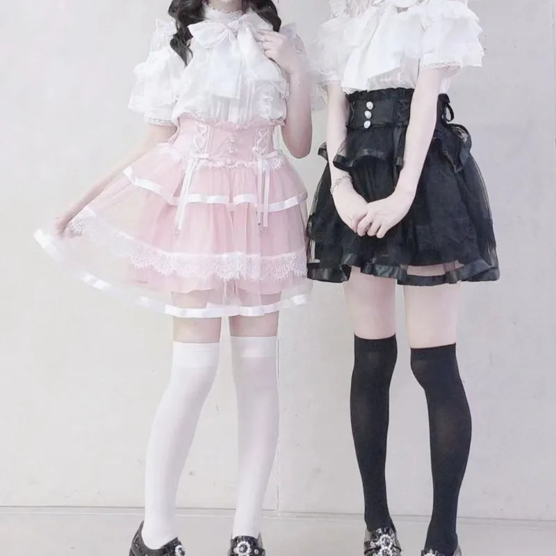 Kimutomo Lolita Style Shirts Women Bow Lace Patchwork Solid Japanese Style Y2k Sweet Blouse Spring Summer Fashion Tops Ladies SS69