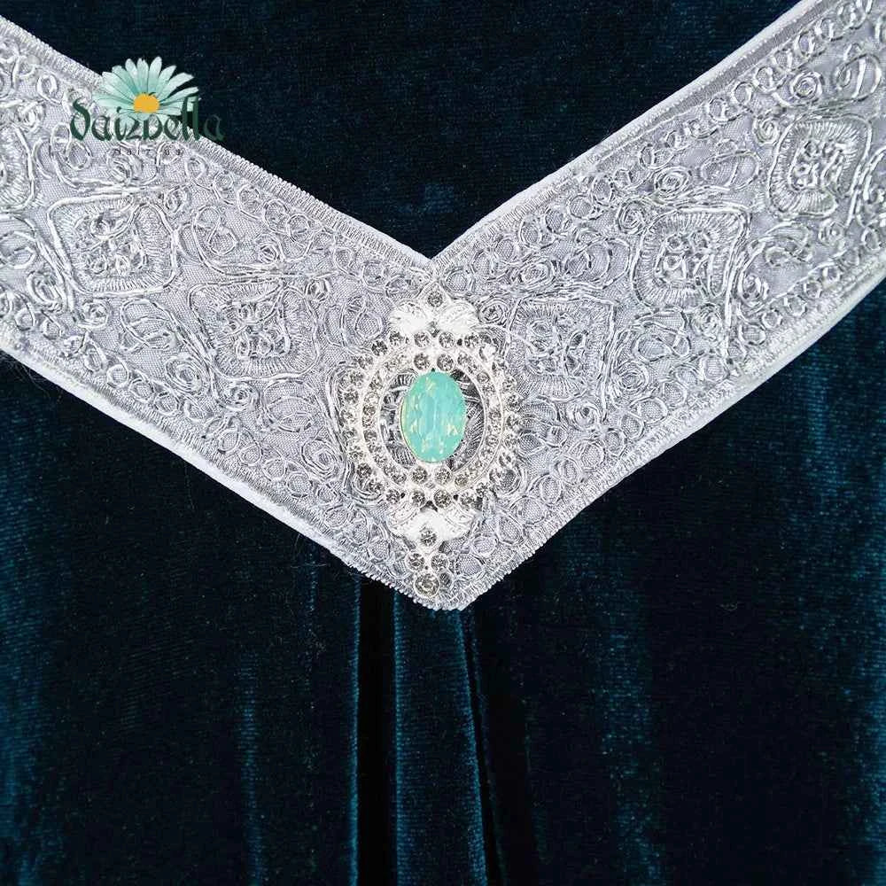 DAIZBELLA Women's Medieval Renaissance Costume Elf Style Off Shoulder Green Velvet Long Slim-fit Dress with Chiffon Sleeves