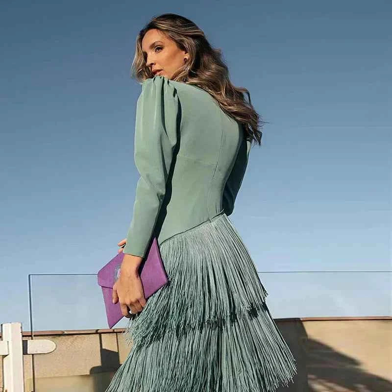 Women Stacked Tassel Maxi Dress Elegant Deep V Neck Full Sleeve Slim Fit Long Gowns Lady New Evening Party Fashion Robes 2025