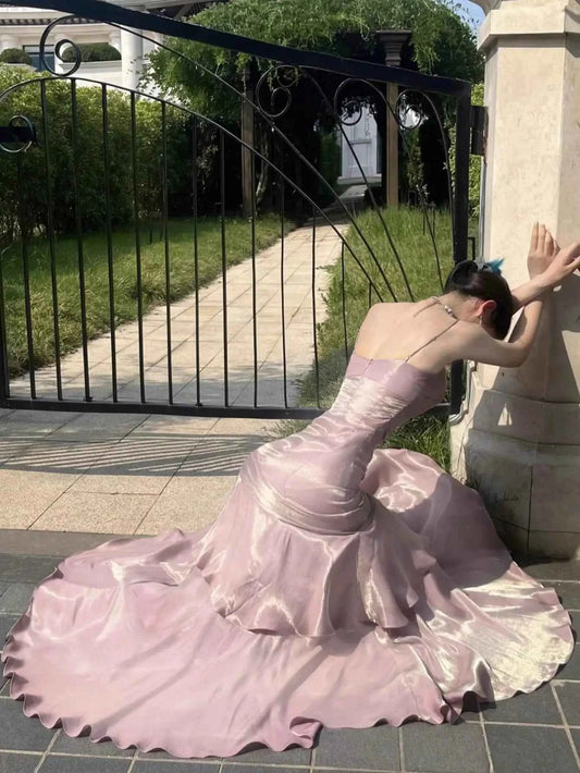 Women Summer New Elegant Ruffled Maxi Dress Light Luxury Bodycon Sling Fishtail Dresses Vintage Party Gown Prom and Events