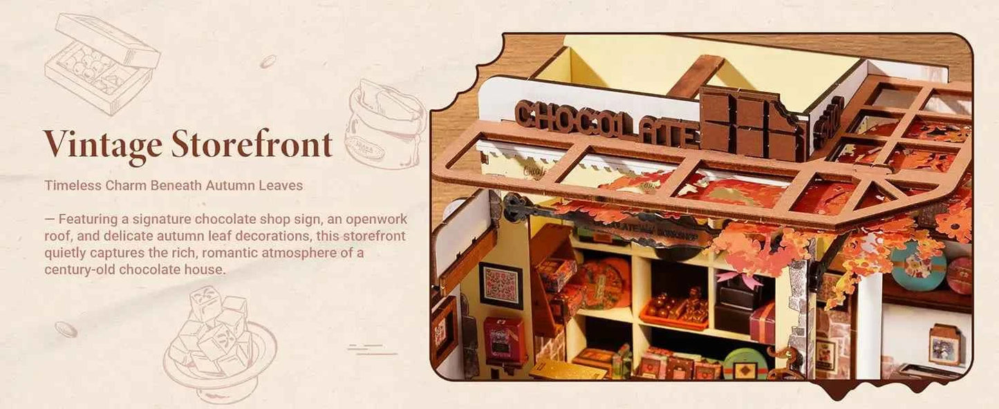 Robotime Rolife Henry's Chocolate DIY Miniature House Kit  Wooden Dollhouse Model Building Kit With LED Craft Gifts for Adults