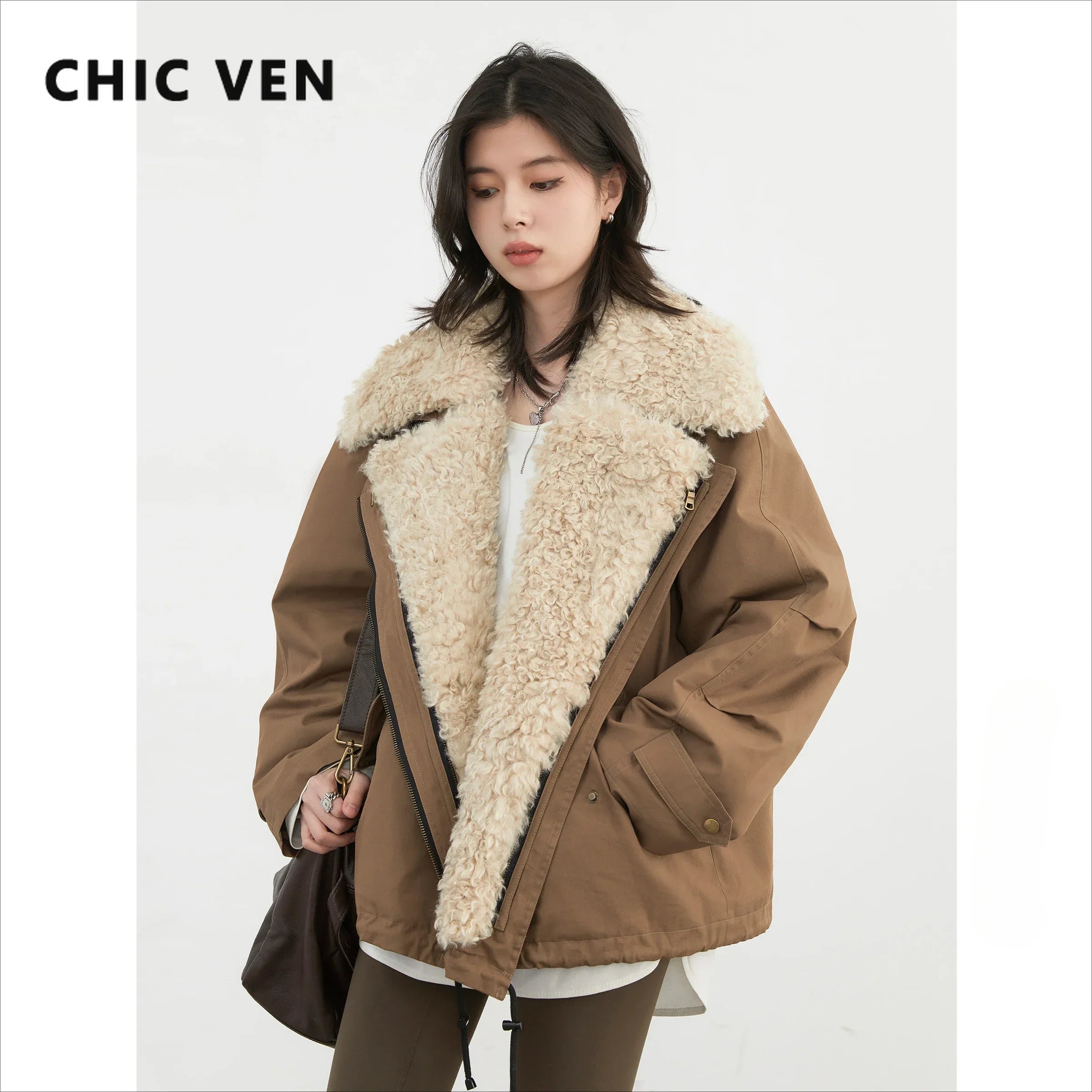CHIC VEN Women's Cotton Motorcycle Jacket - Loose Casual Autumn Winter