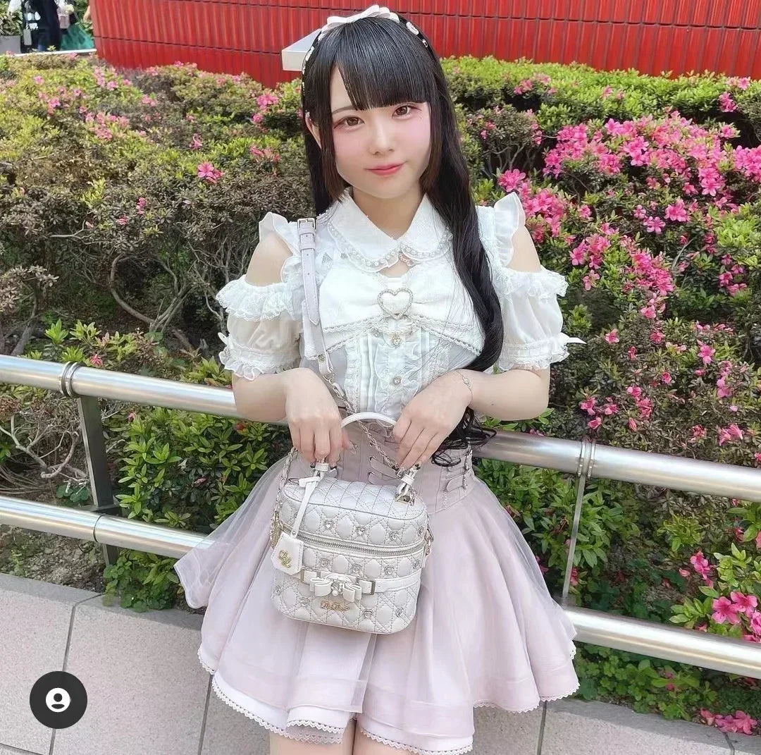 Japanese Liz Mine Women's Shirt Summer Off Shoulder Big Bow Short Sleeve Top Cute Girl BlousesHigh Waist Skirt 2 Piece Skirt Set SS69