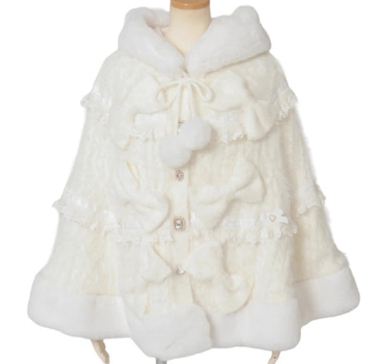 Godivana Lolita Faux Rabbit Fur Cape Coat with Rhinestone Bow and Hood