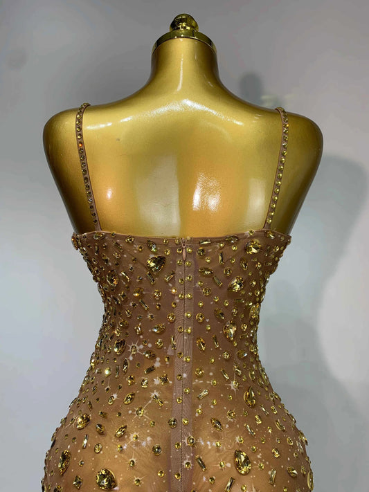 Luxury Rhinestones Sexy Mesh See Through Bodycon Dress Women Birthday Evening Cocktail party Gown Red Carpet Club Stage Outfit