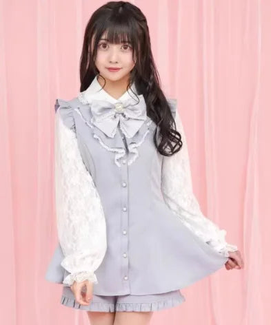 Geyalovvy Women's Lolita Sailor Collar Plaid Rhinestone Bow Two-Piece Set