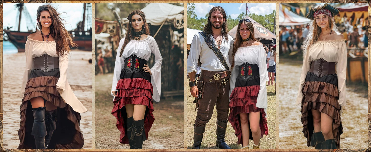 Women's Renaissance Pirate Costume Set with Skirt and Corset