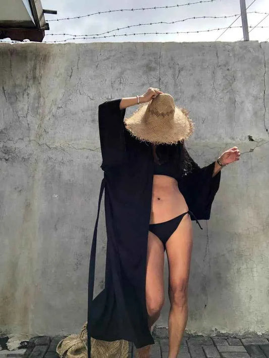 Solid Beach Cover Up Women Self Belted Wrap Kimono Dress Swimsuit 2025 New Robe Summer Beachwear Factory Supply