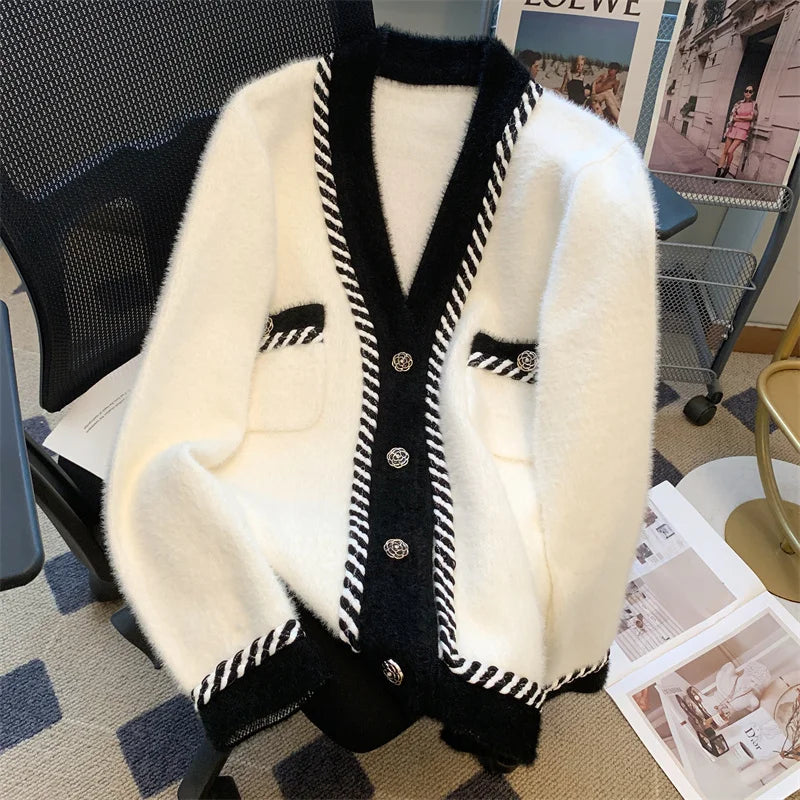 Vintage Elegant Plaid Knitted Cardigan Sweater For Women 2025 Autumn Winter Long Sleeve V-neck Tops Knitwear Fashion Chic Jumper SS69 37.69 White / S
