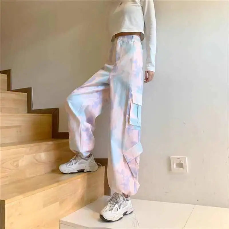 Women Harajuku Tie Dye Cargo Pants Spring Summer New Korean Fashion Streetwear High Waist Loose Versatile Sports Casual Trousers SS69