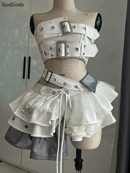 Summer Vintage Elegant Y2K Woman 2 Piece Sets Punk Gothic Strapless Crop Tops +High Waist Ruffle Skirt Female Party Outfits 2025 SS69