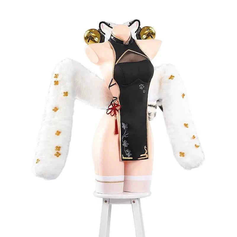 White Tiger Loli Qipao Cosplay Costume Chinese Cheongsam Outfit with Bell for Anime Halloween