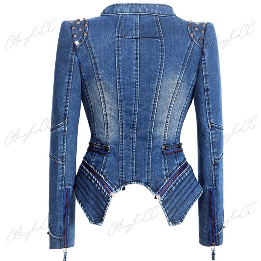 Punk Rivet Short Denim Slim Jackets Women Wash Long Sleeve Vintage Casual Studs Jean Outerwear Motorcycle Denim Coat Large Size SS69