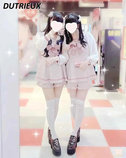 Japanese Style Women's Outfits Sailor Collar Plaid Rhinestone Bow Dress Shorts Set Sweet Lolita Mine Series Dress Two-Piece Suit