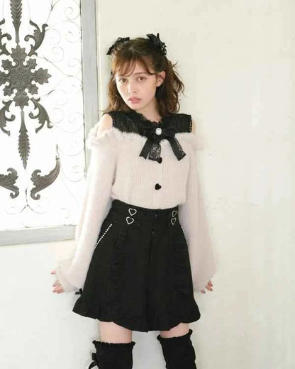 Liz Sweater Japanese Mass Production Autumn and Winter Woolen Off Shoulder Lace Slim Short Sweater Soft Furry Knitted Pullover