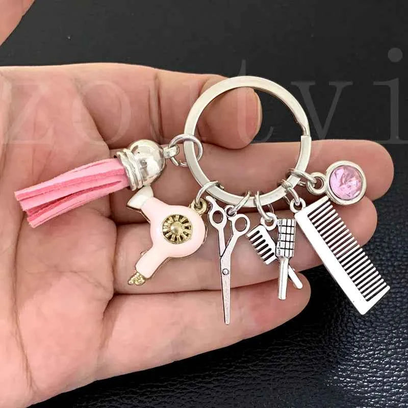 New fashion hairstyle gift charm tassel keychain retro jewelry mini hairdressing scissors hair dryer comb keychain DIY manual