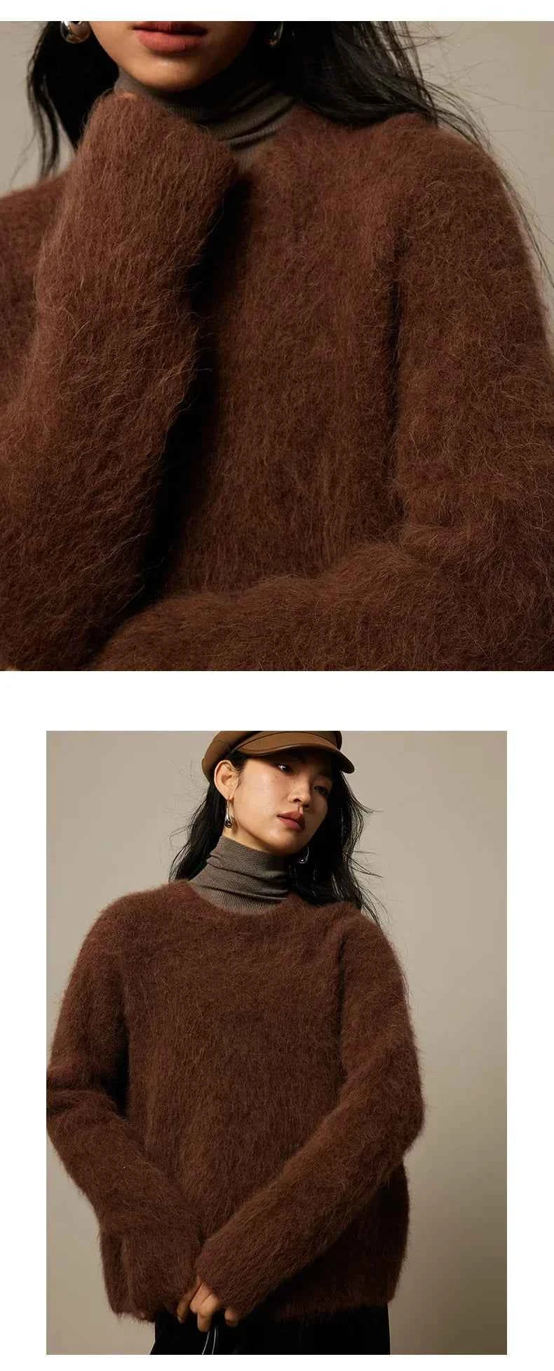 Warm Alpaca Pullovers for Woman, Dropped Sleeved Loose Sweaters, 2025 Fall Winter Top, Camel, Beige