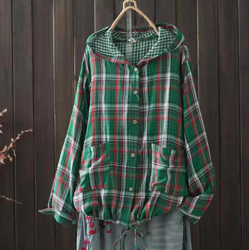 Large size blouses for women autumn spring hooded long sleeve single-breasted plaid shirts oversized shirt top female hoodies