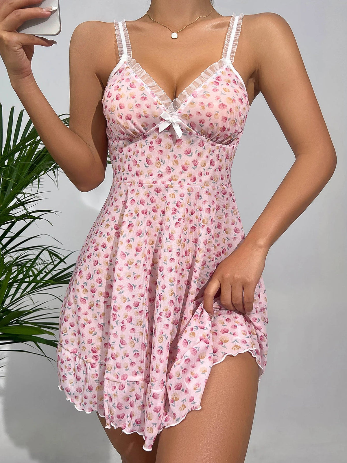 Summer Pink Pajama Sexy Dress Floral SS69