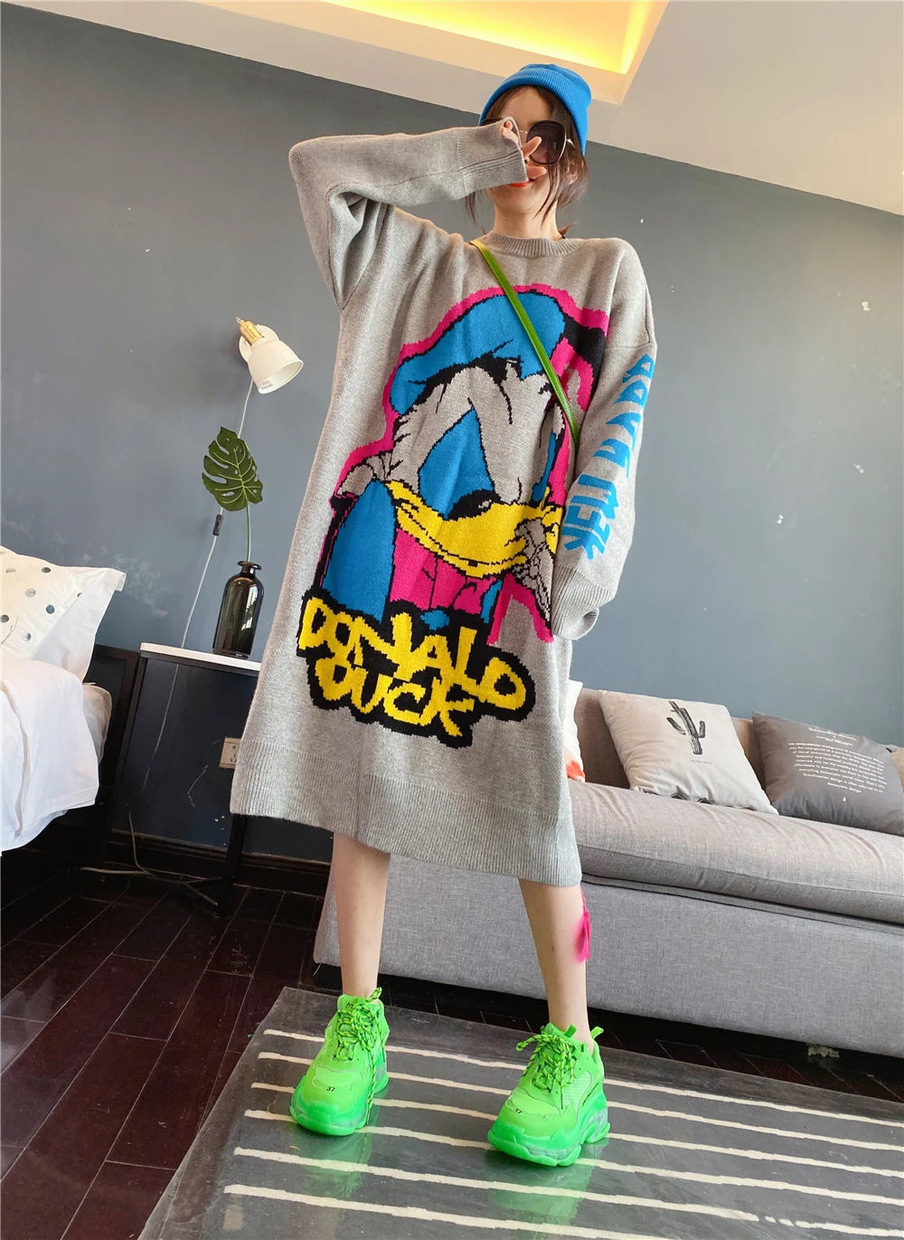 Korean Long-Sleeved Pullover Sweater Loose Fashion Women Autumn Winter Cartoon Embroidered Thickened Long Section Knitted Top SS69