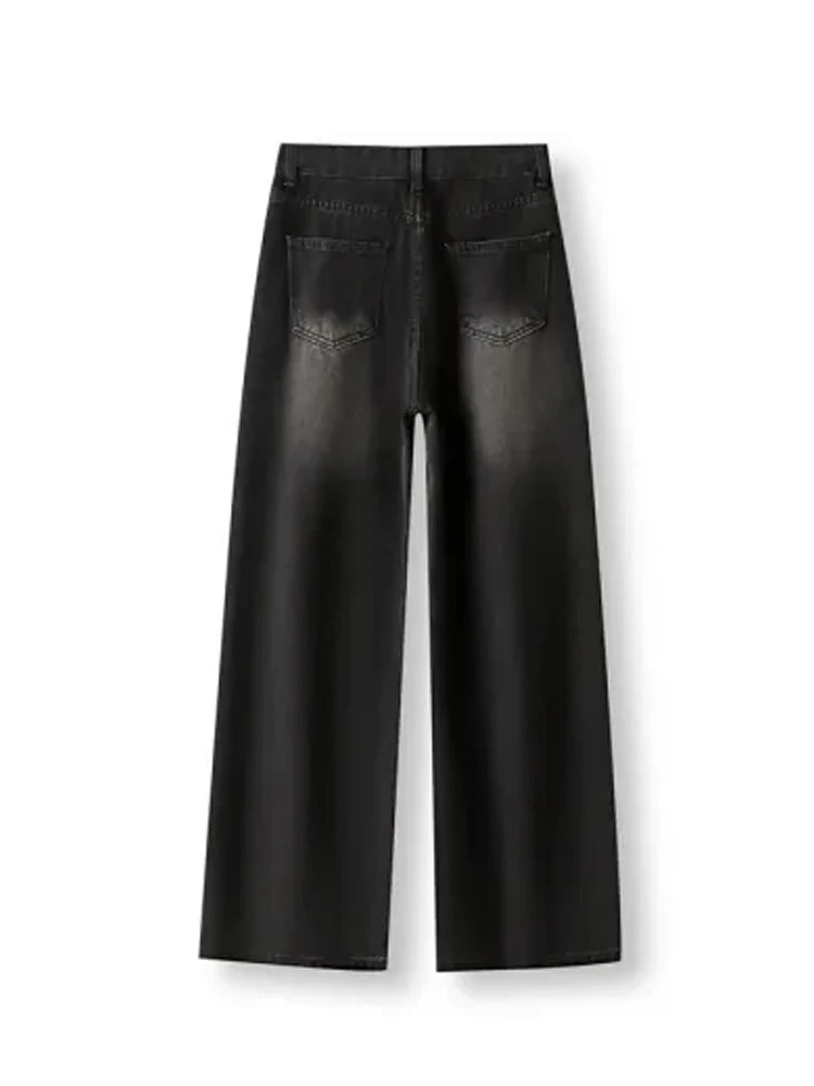 Korean Vintage High Waist Women's Jeans Y2K Slimming Pear-Shaped Loose Straight Bell Bottoms Black Gray Baggy Denim Trousers SS69