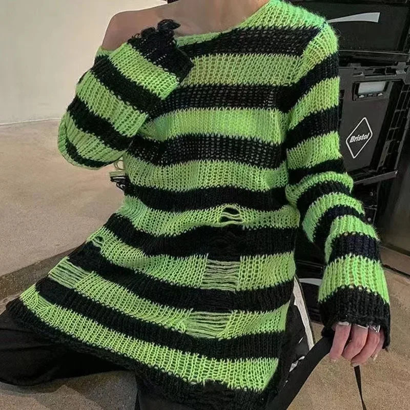 New Women's Punk Gothic Oversized Pullover Sweater Striped Hollow out Cool Harajuku Aesthetics Spring Autumn
