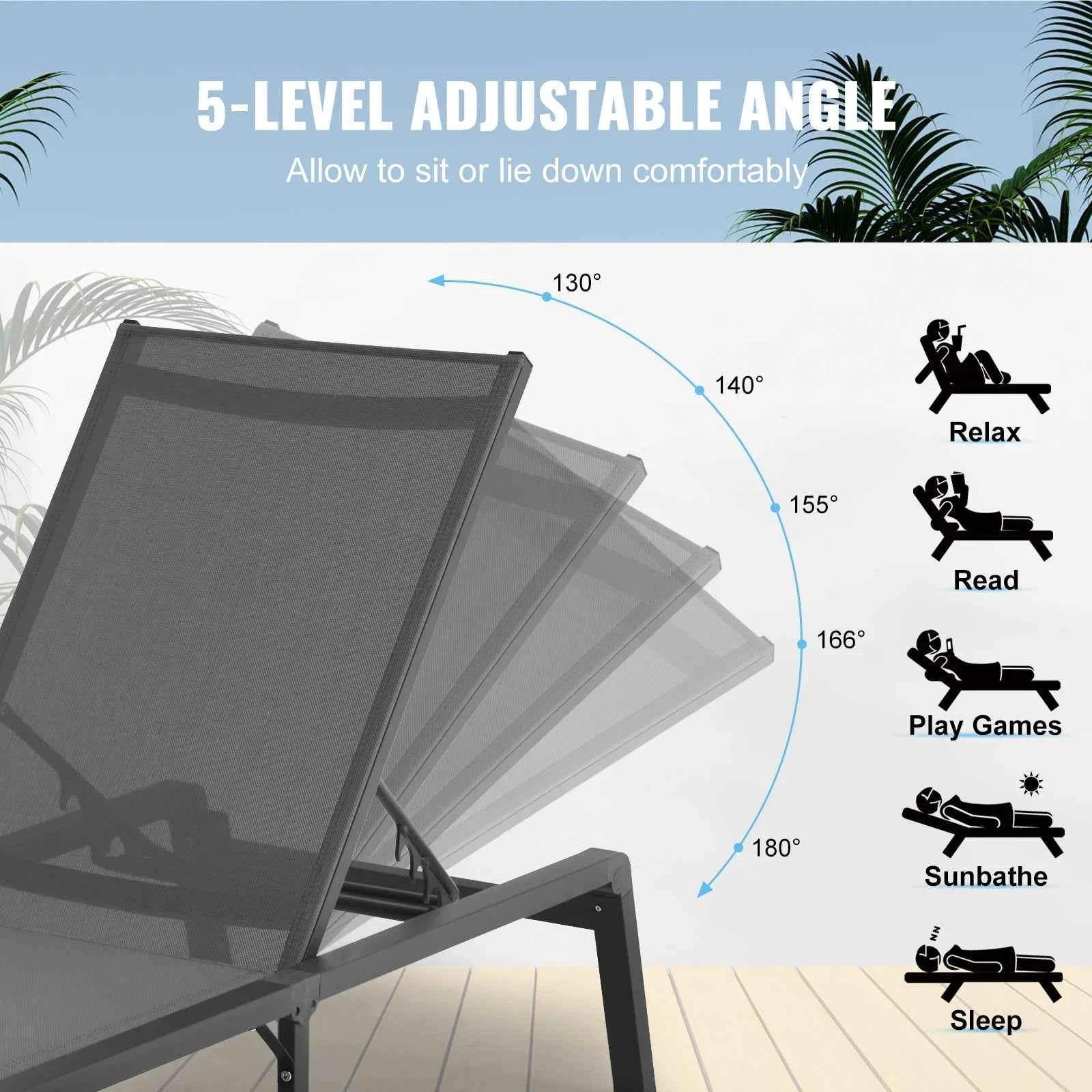 SucceBuy Chaise Lounge Chair Outdoor Aluminum Patio LoungeFolding Pool Lounge Recliner Full Flat for Patio Beach Pool Dark Grey