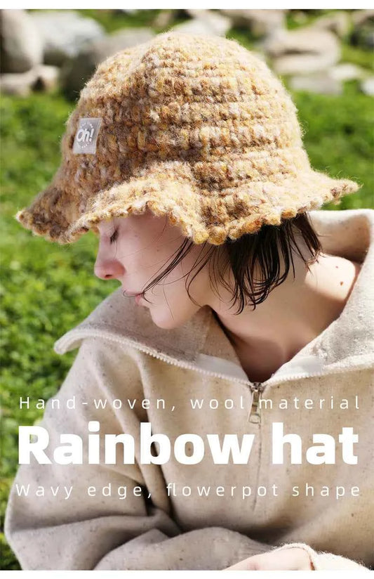 OhSunny Autumn Winter Wavy Brim Bucket Hats,Rainbow Cute Thermal Caps Women's Outdoor Warm Hand-knitted Fisherman Caps Packable