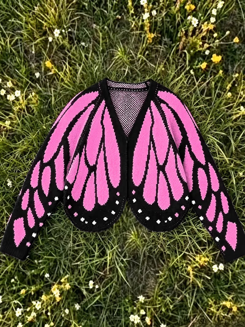 Aesthetic Butterfly Wing Sweater Women Mesh Collar Knitted Cardigan Elegant Fall Winter Long Sleeve Coat Casual Outerwear