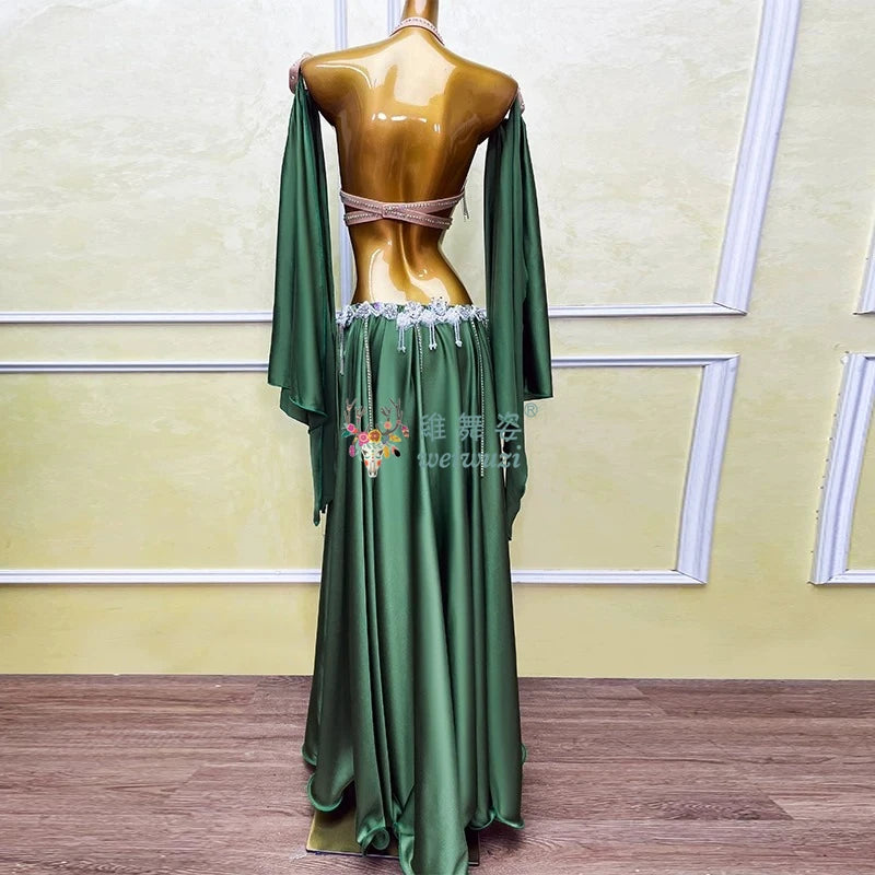Belly Dance Outfit Suit Women's Customized Senior AB Stones Bra+sexy Split Long Skirt 2pcs Oriental Dance Performance Costumes