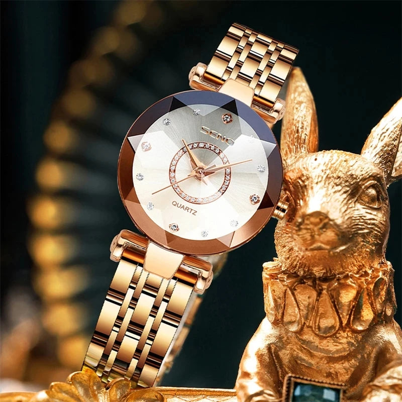 SENO Ocean Star Women Crystal Watch 2024 Top Brand Luxury Rose Gold Women Bracelet Watch for Ladies Wrist Watch Relogio Feminino SS69