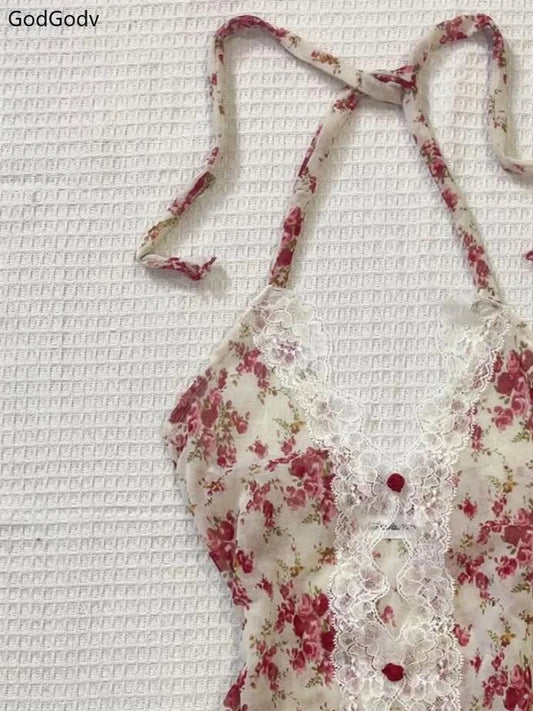 2025 Summer Woman Floral Halter Lace Blouse 2025 Vintage Sexy Slim Fit Fairy Korean Fashion Female Tops Outfits Elegant Style SS69