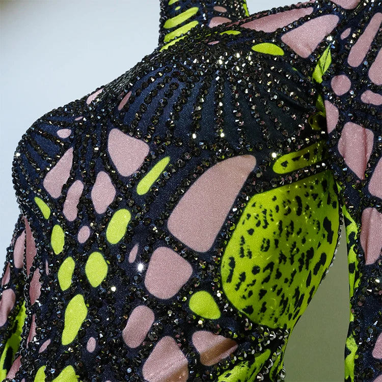SS69 Women's Rhinestone Embellished Green Bodysuit High Elasticity Dance Outfit