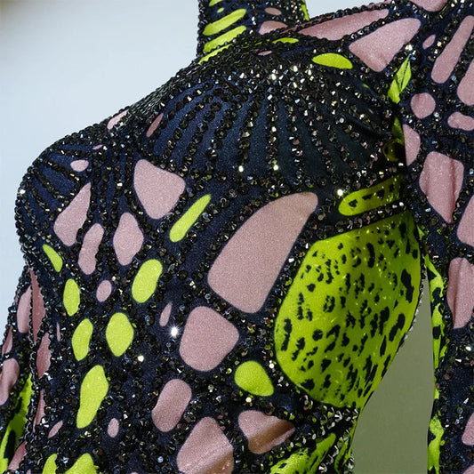 SS69 Women's Rhinestone Embellished Green Bodysuit High Elasticity Dance Outfit