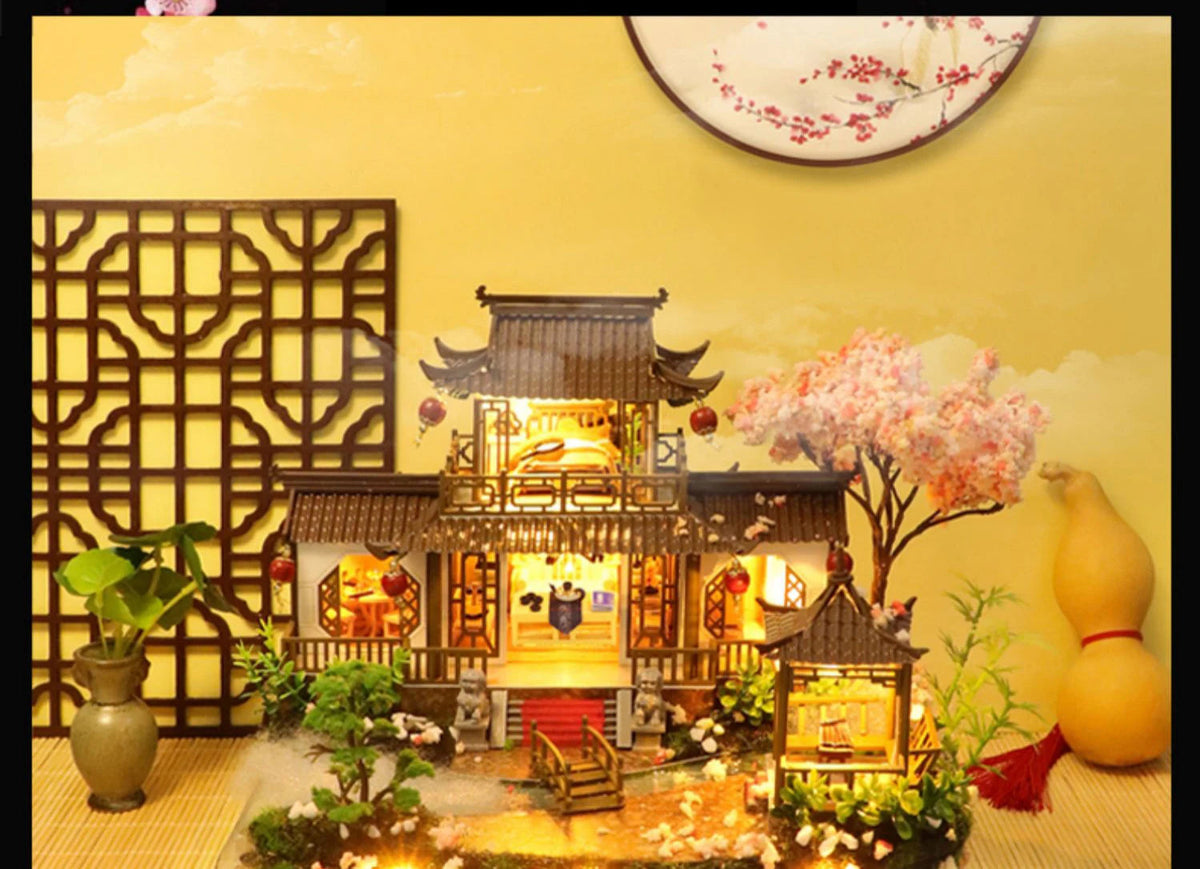 DIY Wooden Chinese Ancient Casa Miniature Building Kits Bookend With Lights Assembled Bookshelf Home Decoration Friends Gifts SS69