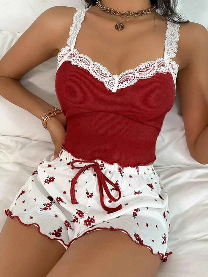 2025 women's sexy lace lace camisole vest shorts sleepwear women's slim fit two-piece home outfit new product pink coffee blue