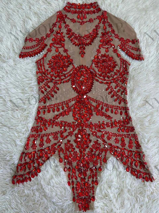 Sparkly Rhinestones Bodysuit Women Sexy Mesh Transparent Party Leotard Performance Dance Costume Singer Dancer Show Stage Wear