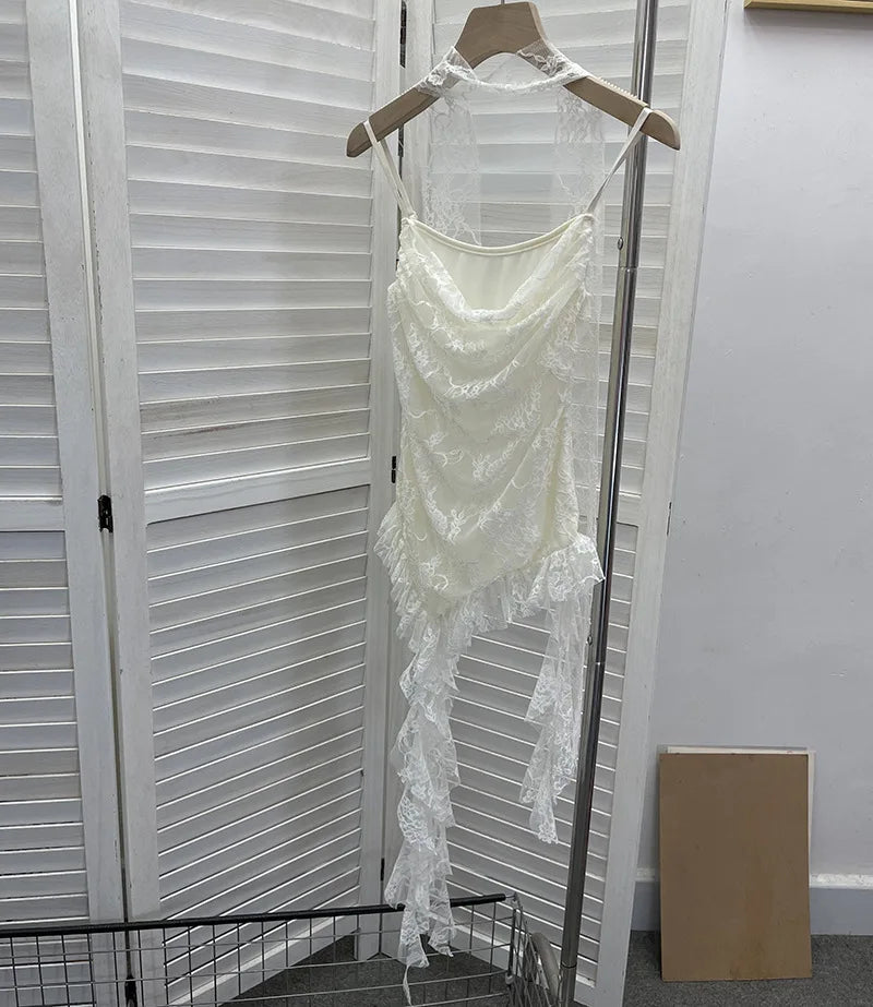 Women's Vintage Tie-dye Printed Mesh Spaghetti Strap Camisole Hot Girl Irregular Ruffled Ribbon Sleeveless Top Partyclub 1185
